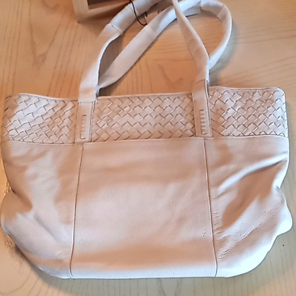 COLE HAAN Genuine Woven Detail Leather Large Tote Bag. Beige. NWT. Beautiful! - Picture 13 of 16